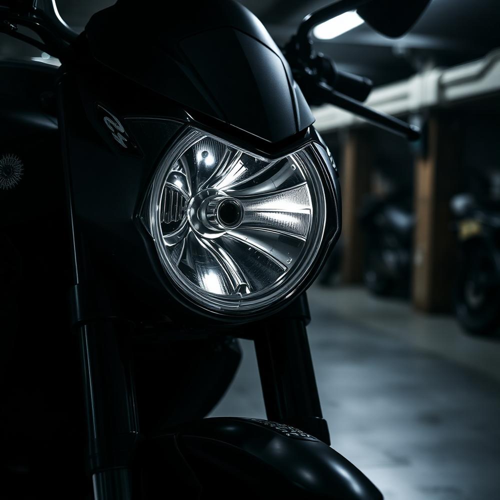 Dettaglio del faro anteriore di una moto in officina