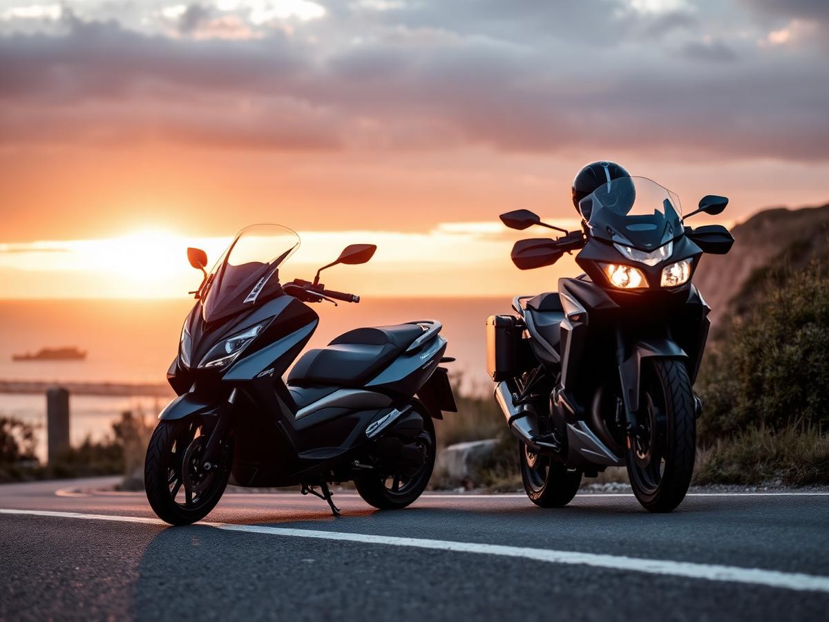 Maxi-scooter e moto su una strada costiera al tramonto