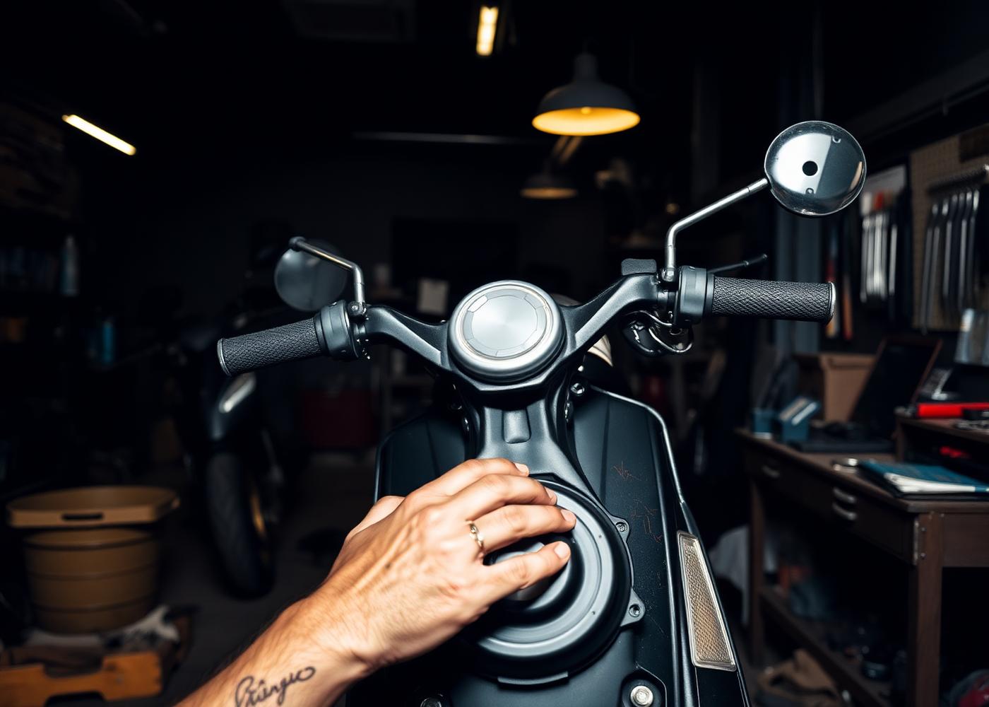 Meccanico al lavoro su uno scooter nell'officina